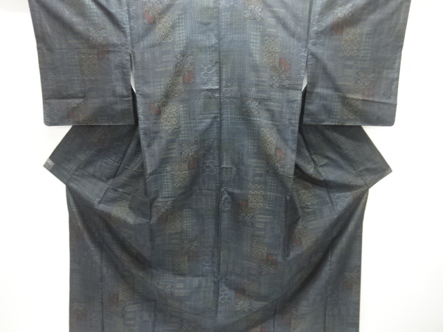 JAPANESE KIMONO / KIMONO & MICHIYUKI COAT ENSEMBLE / SILK / DORO OSHIMA TSUMUGI / WOVEN SHIKISHI & FLORAL CLASSICAL PATTERN